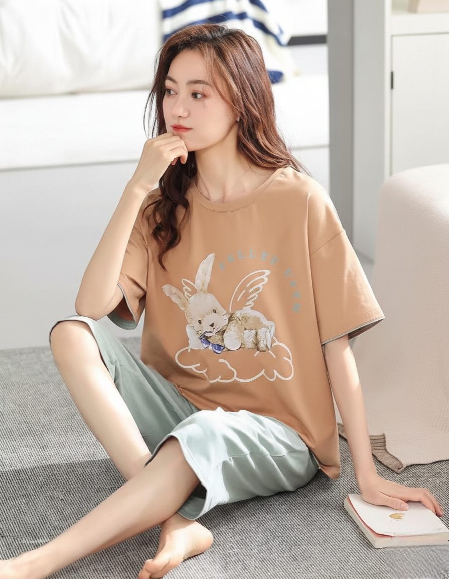 Beige Hosiery Cotton Night Suit Set
