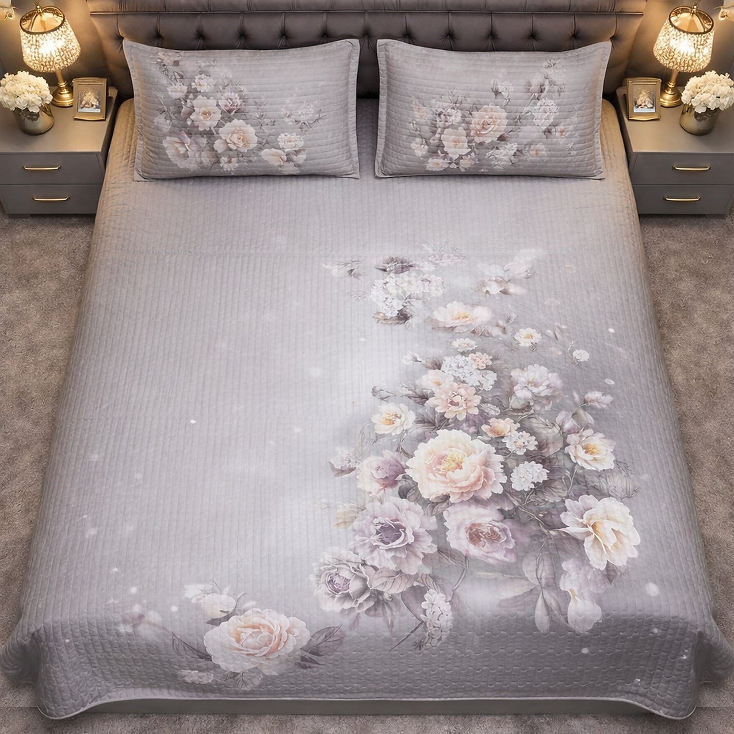 Elegant Exclusive Floral Digital Grey Bedcover