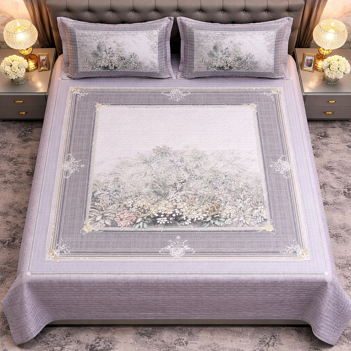 Elegant Sober Purple Frame Design Digital Bedcover