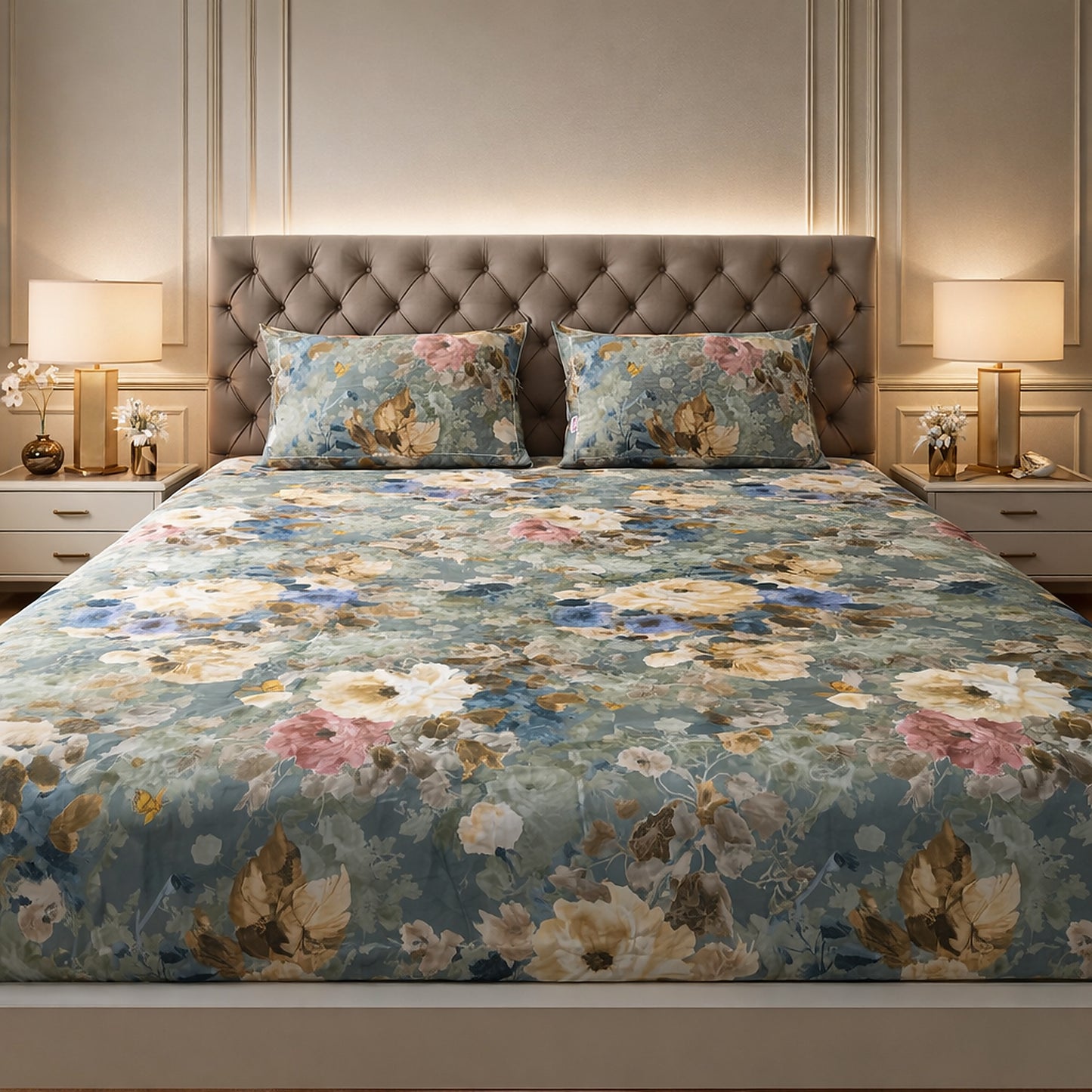 Imported Pure Cotton Satin Bright Floral Green Printed Bedsheet