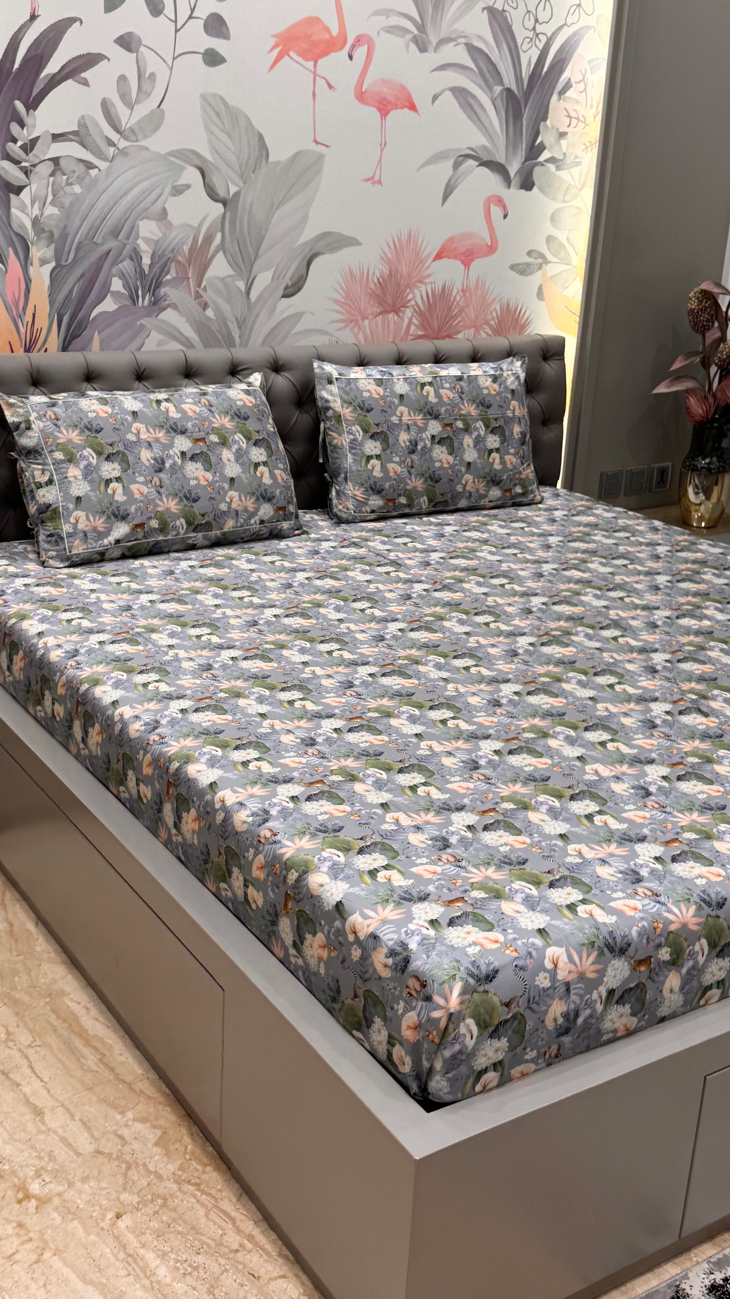 Green Floral Cotton King Size Bedsheet Set
