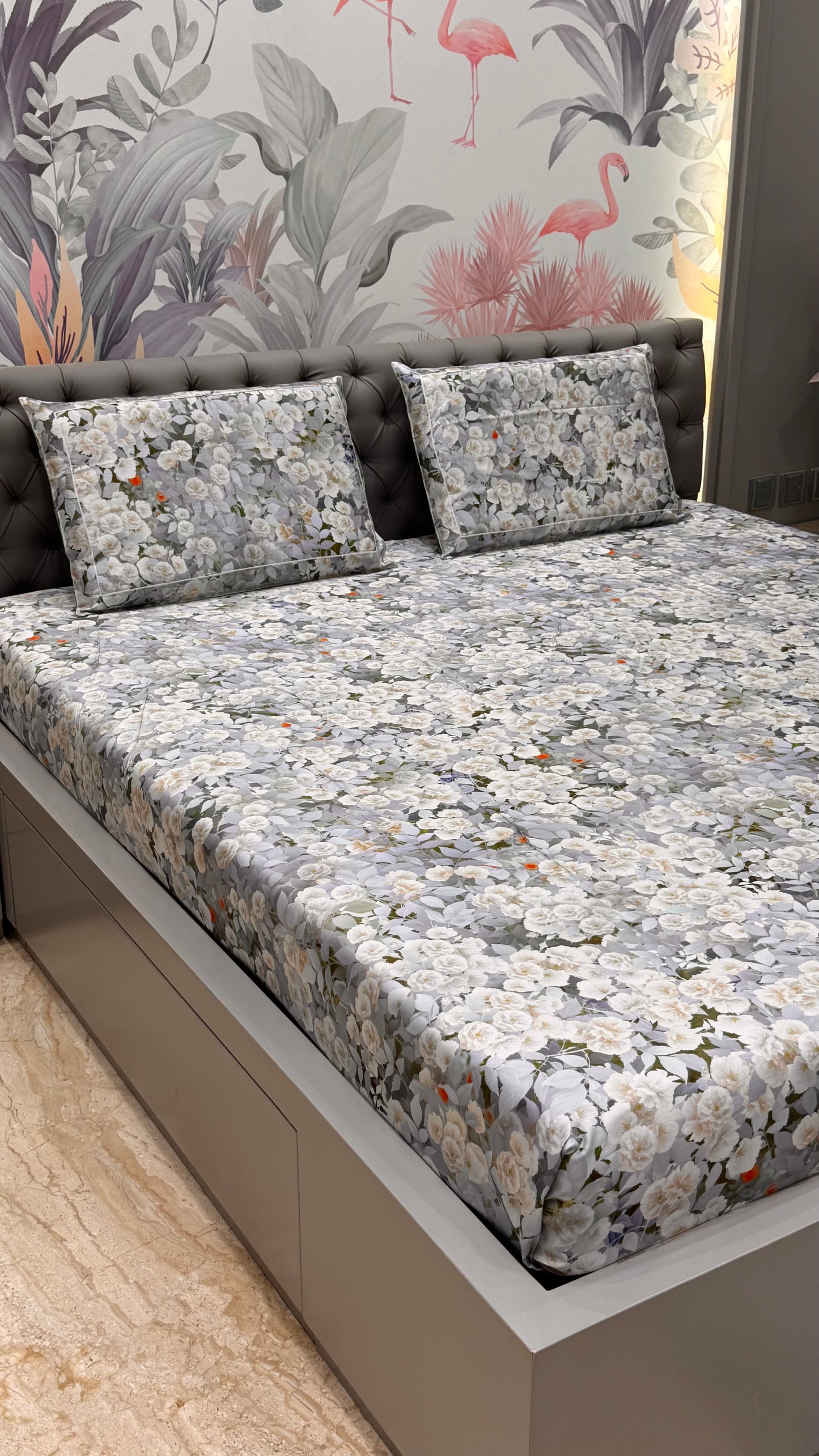 Grey Floral Cotton King Size Bedsheet Set