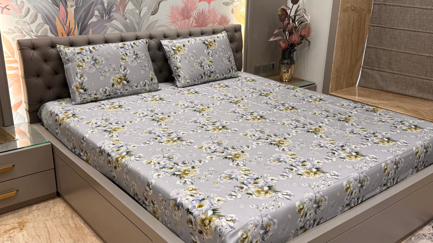 Grey floral Imported pure cotton Bedsheet