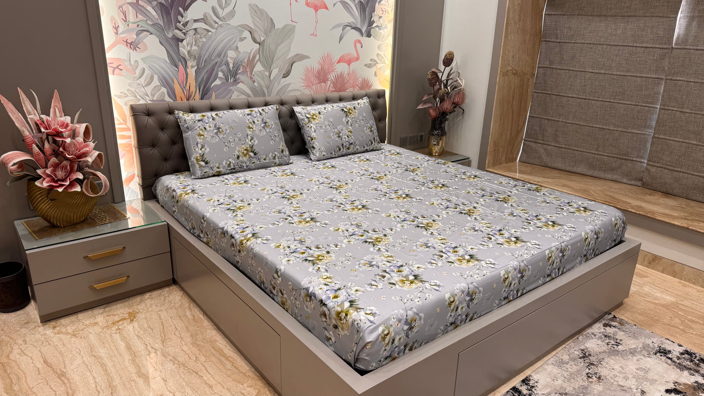 Grey Floral Cotton King Size Imported Bedsheet Set