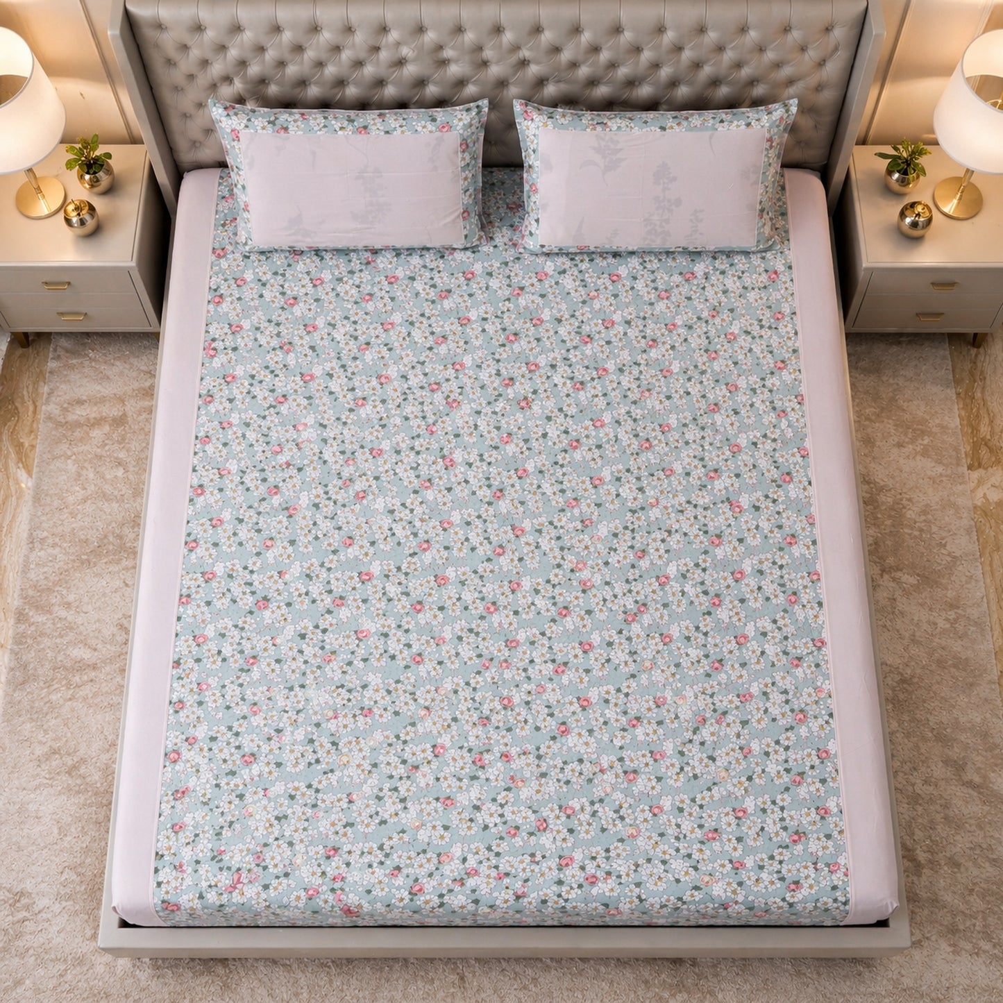 Pure Cotton Blue & Pink Floral Colour Print Bedsheet
