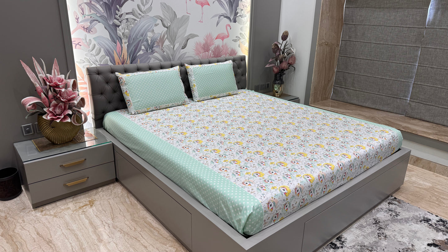 Pure Cotton Green Colour Unicorn Print Bedsheet