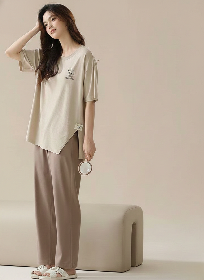 Beige Cotton Hosiery Night Suit