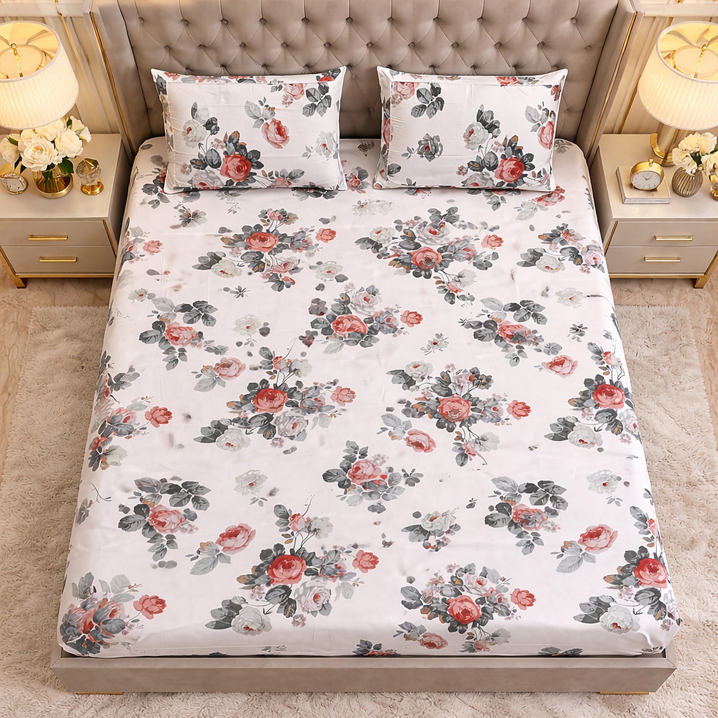 White Floral Pure Cotton King Size Bedsheet Set