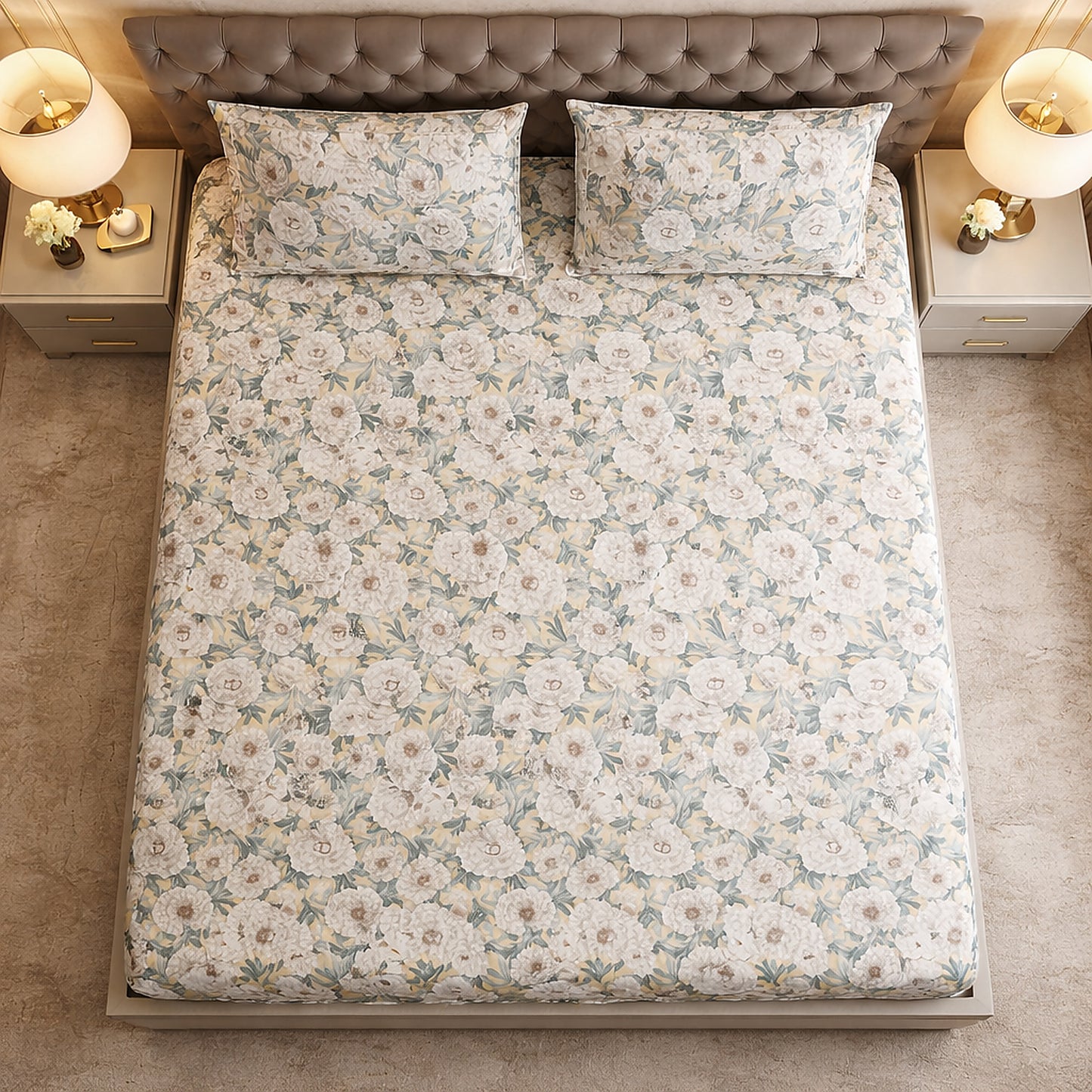 Imported Pure Cotton Satin Yellow Green Printed Bedsheet