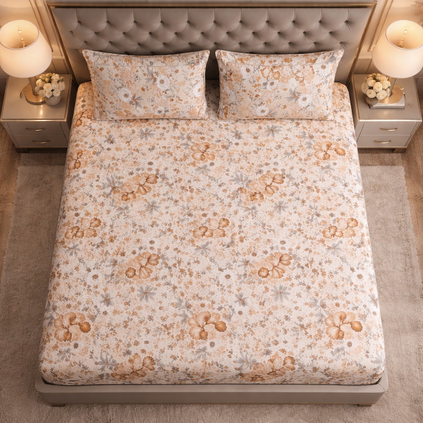 Comfortable Imported Pure Cotton Satin Floral Yellow Printed Bedsheet