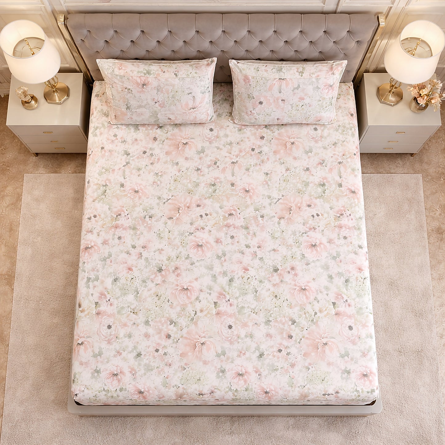 Imported Pure Cotton Floral Baby Pink & Green Bedsheet