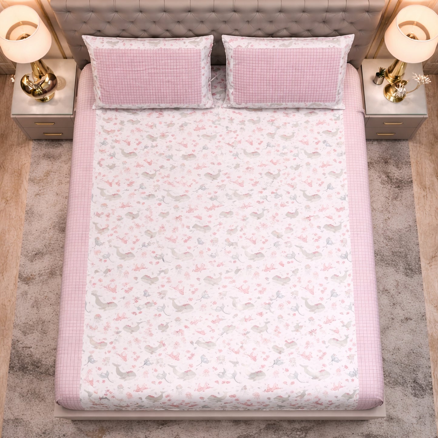 Pink Pure Cotton Whale Print Bedsheet