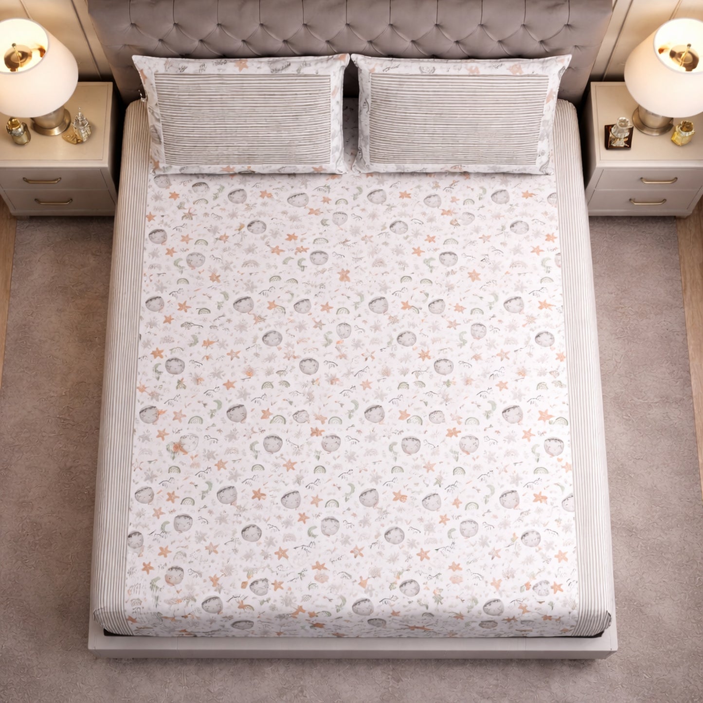 Imported White Colour Pure Cotton Space Print Bedsheet