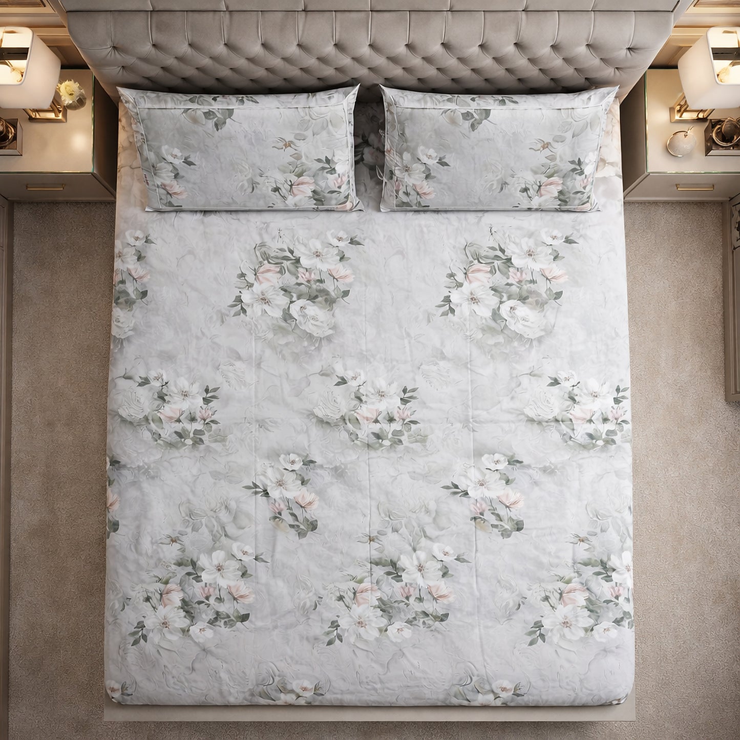 Imported Pure Cotton Satin Floral Grey Printed Bedsheet