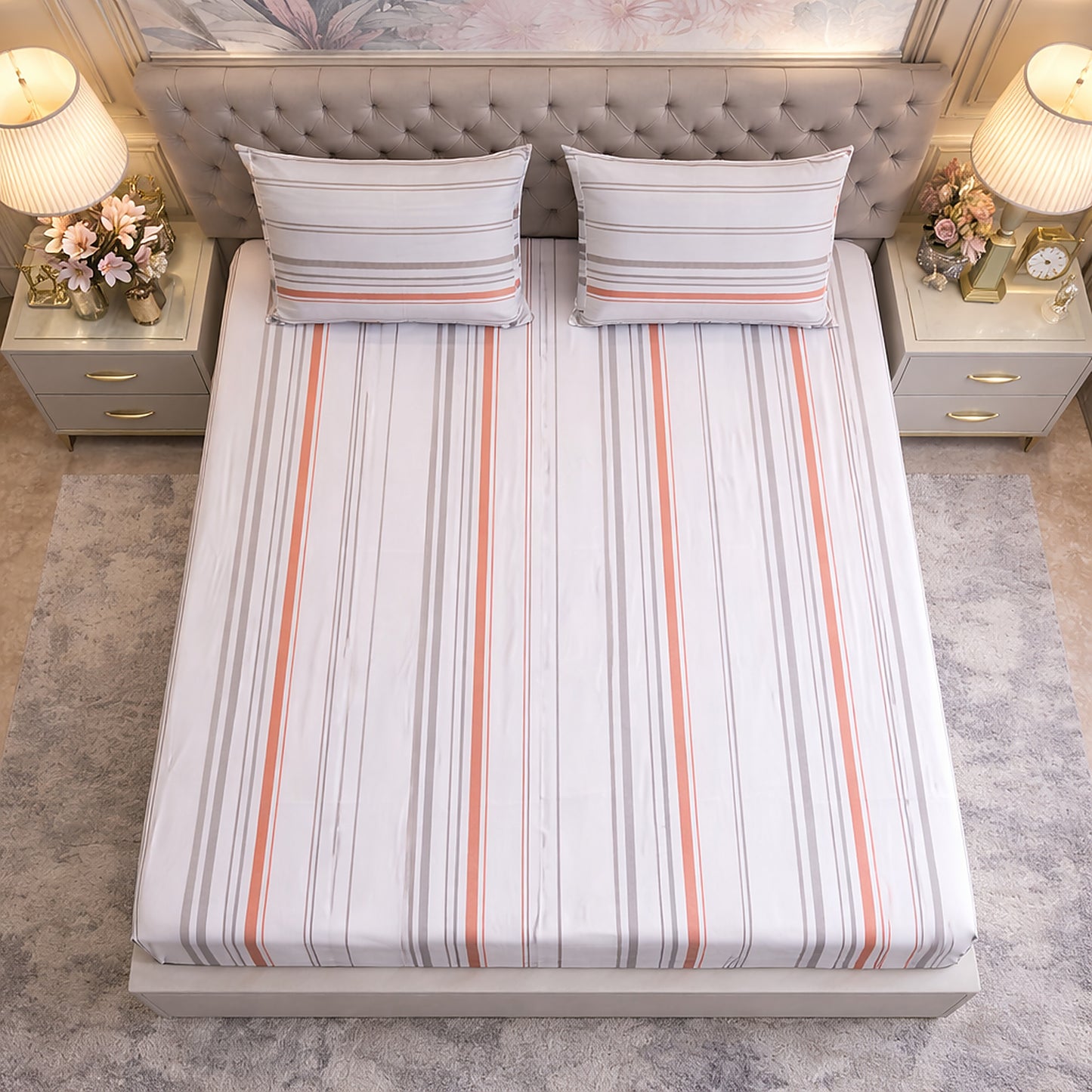Imported Pure Cotton Grey and Orange Stripe Bedsheet