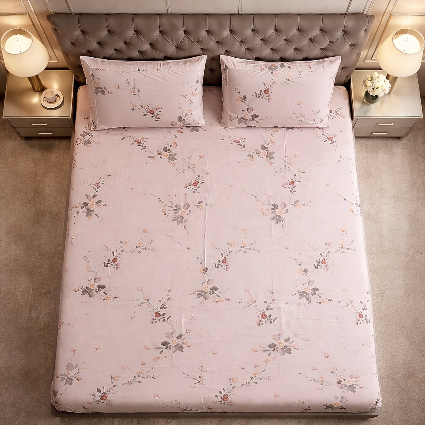 Baby Pink Floral Cotton King Size Bedsheet Set