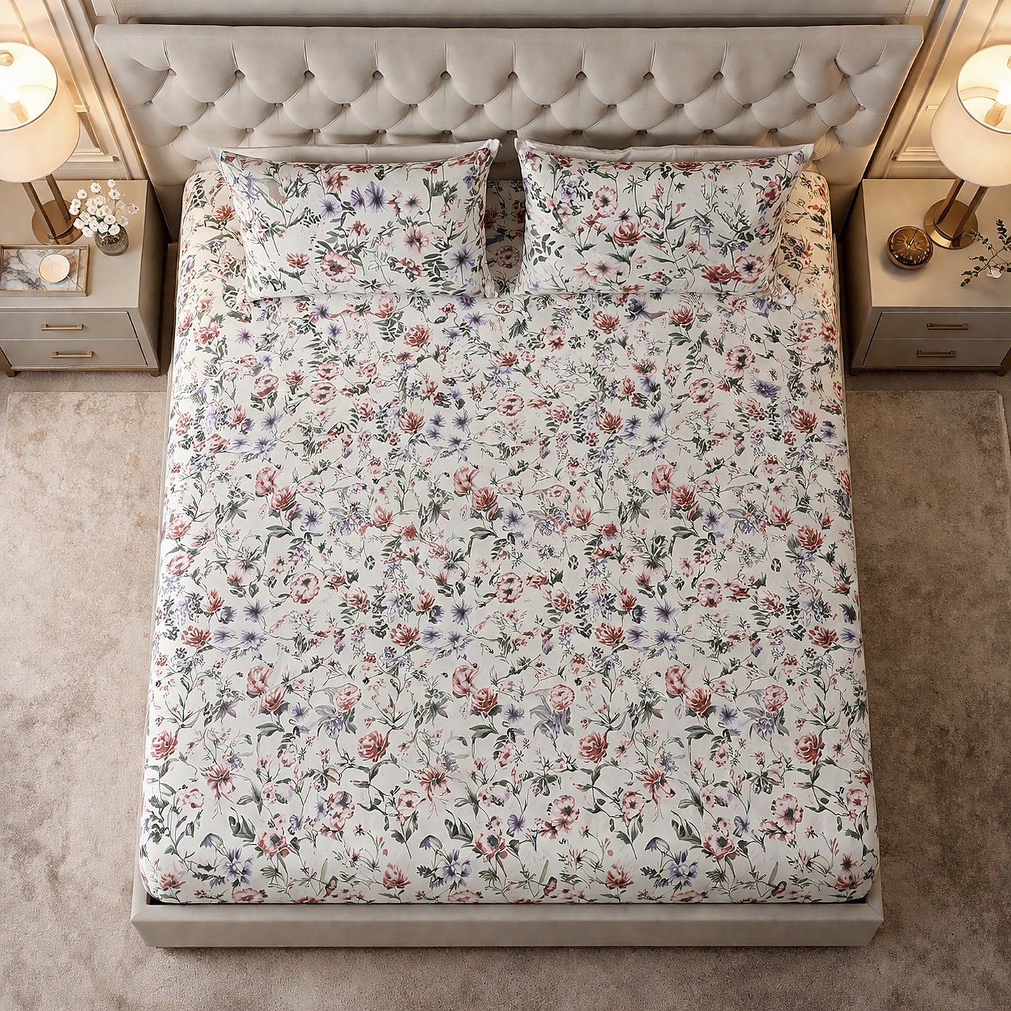 Imported Pure Cotton Satin Floral Cream Colour Printed Bedsheet