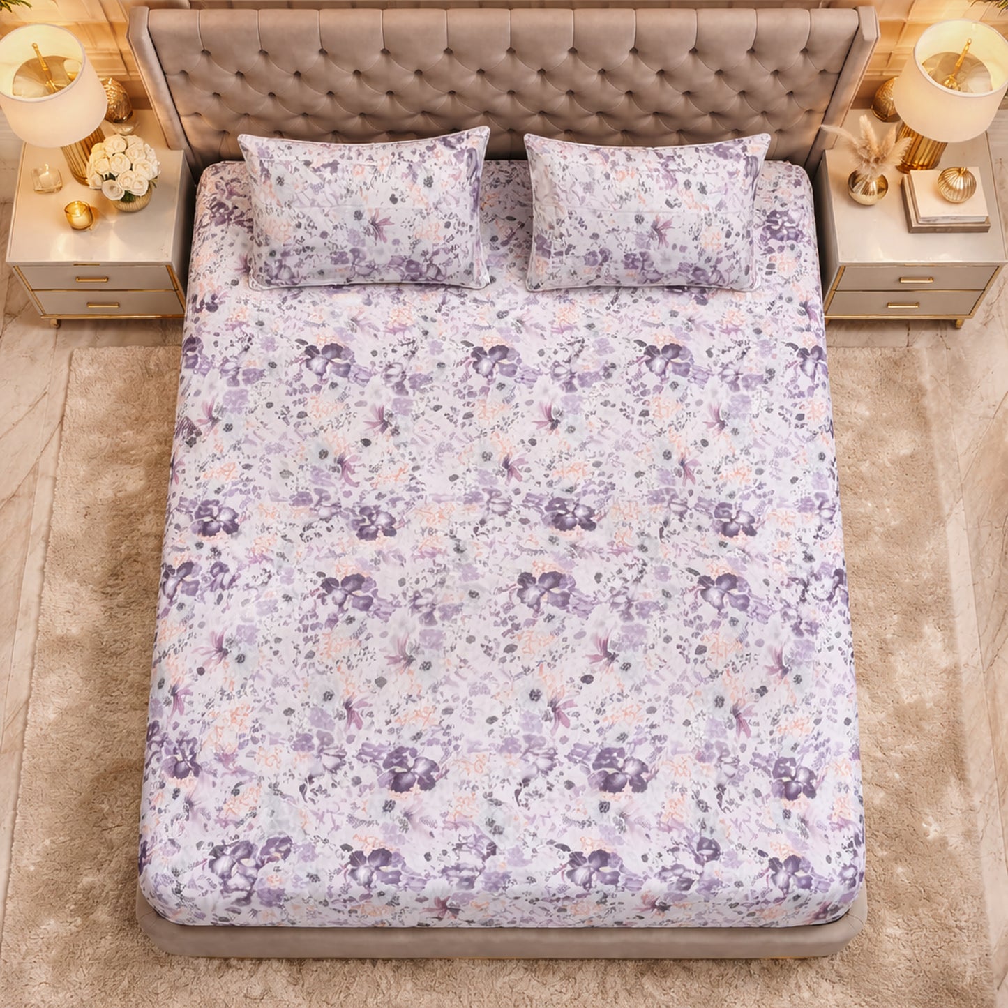 Purple Print Floral Cotton King Size Bedsheet Set