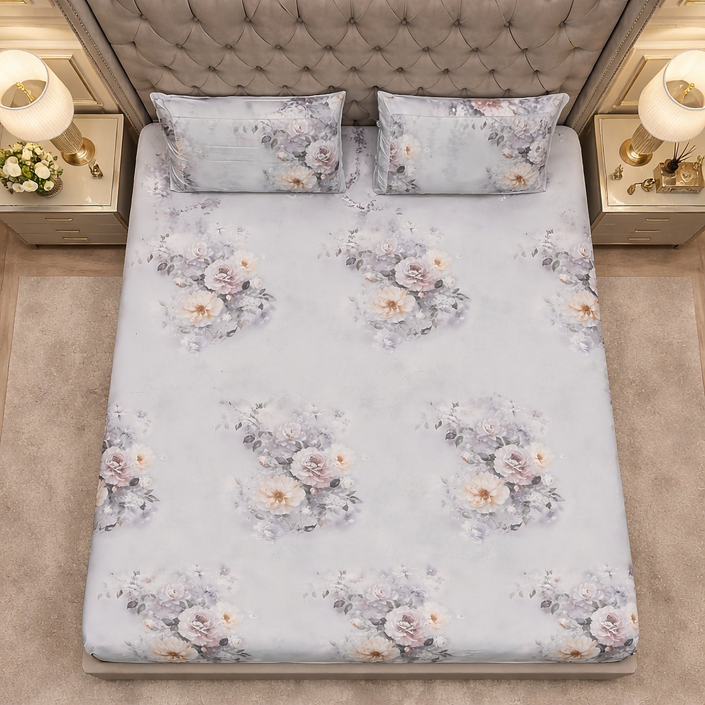 Exclusive Imported Pure Cotton Satin Floral Blue Printed Bedsheet