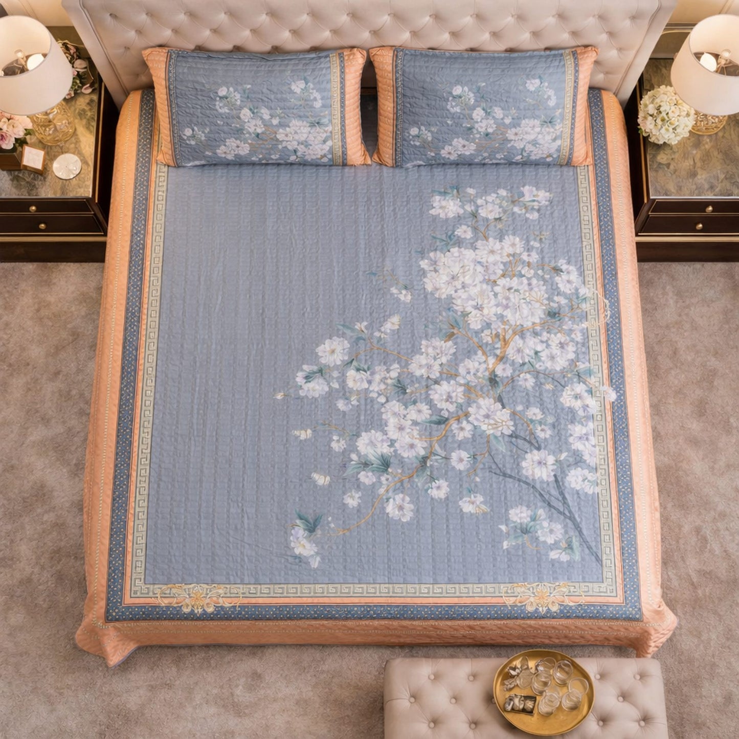 Beautiful Grey & Orange Floral Digital Bedcover