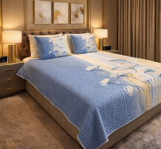 Shaded Blue Yellow Floral Digital Bedcover