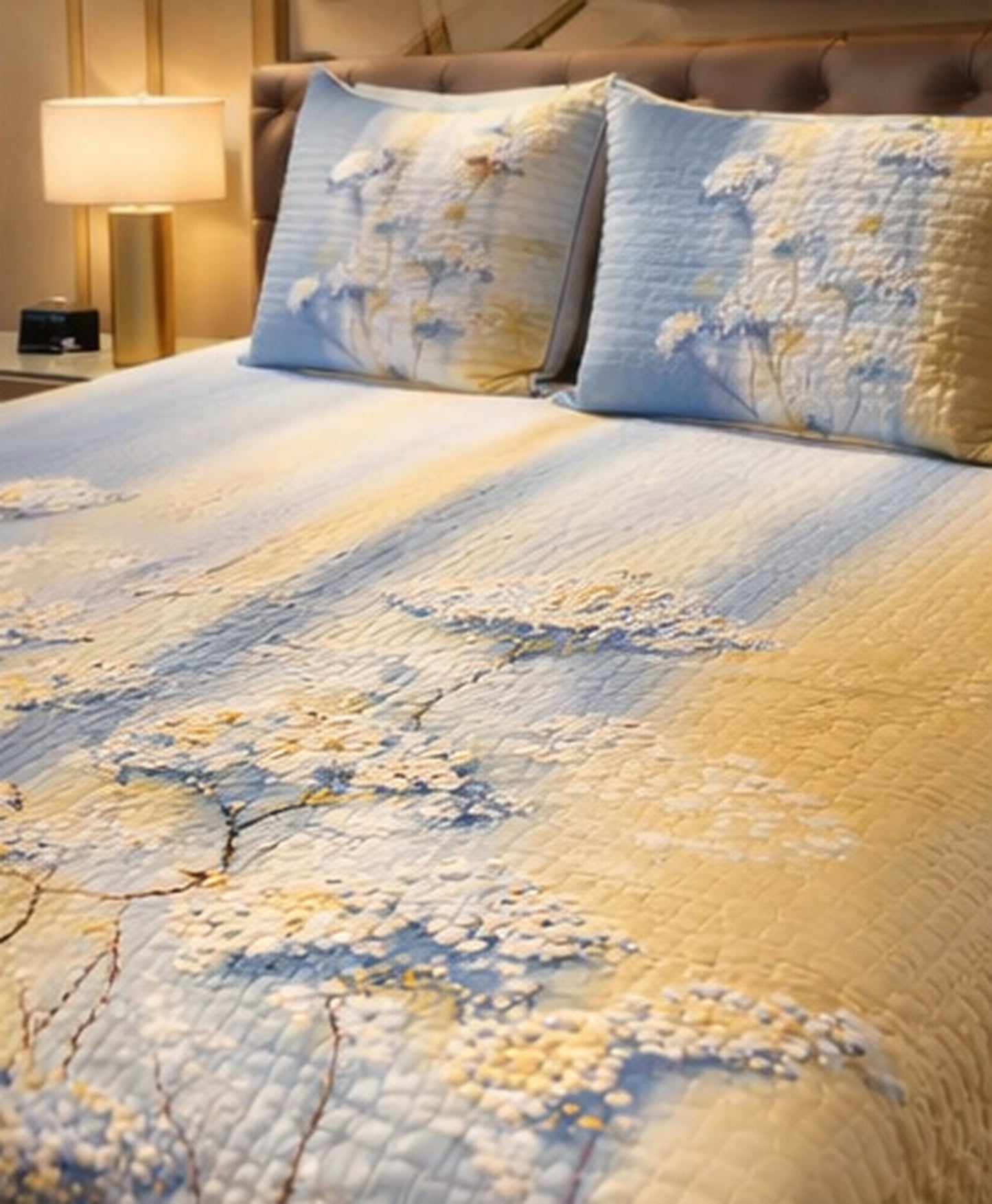 Shaded Blue Yellow Floral Digital Bedcover
