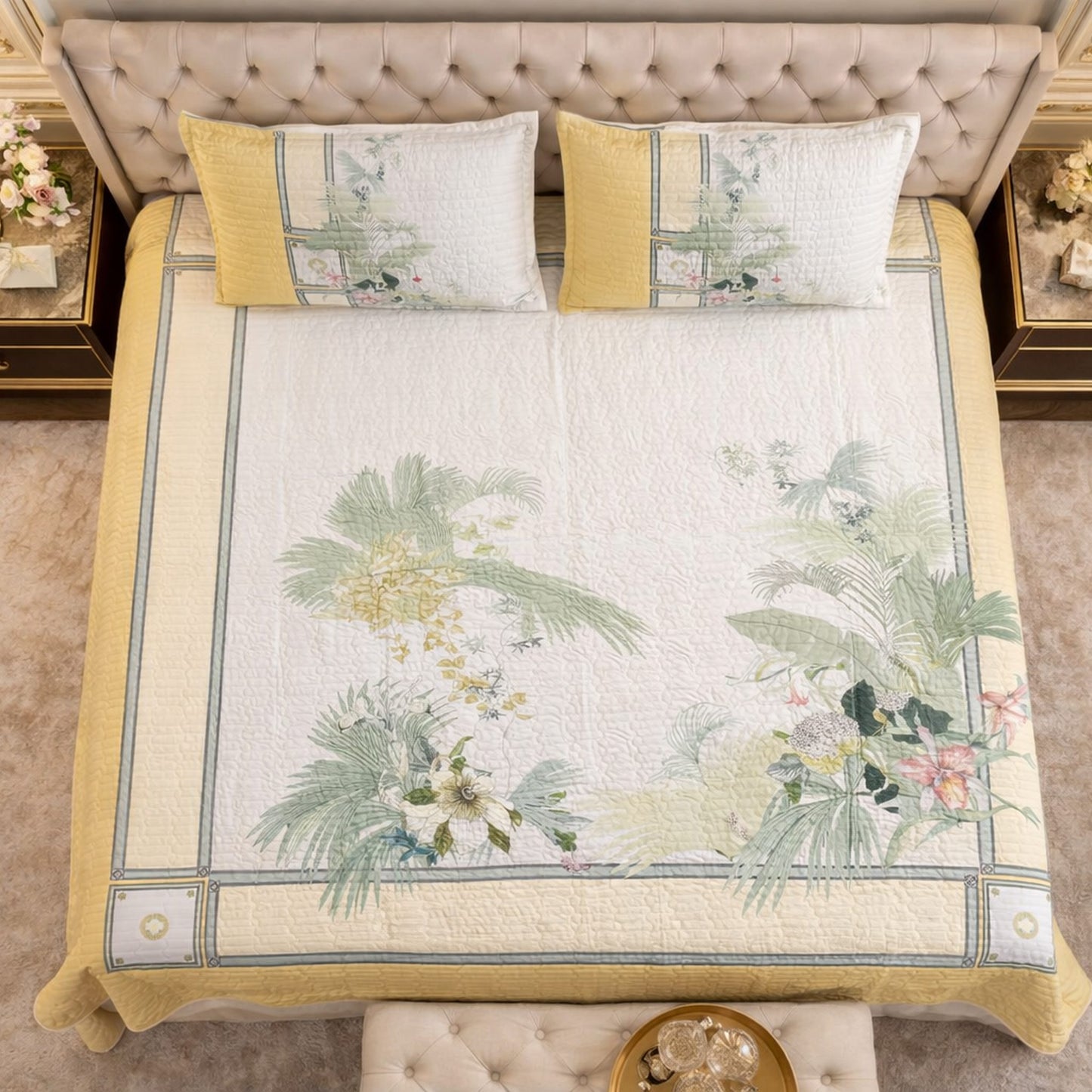 Elegant Yellow Floral Digital Bedcover