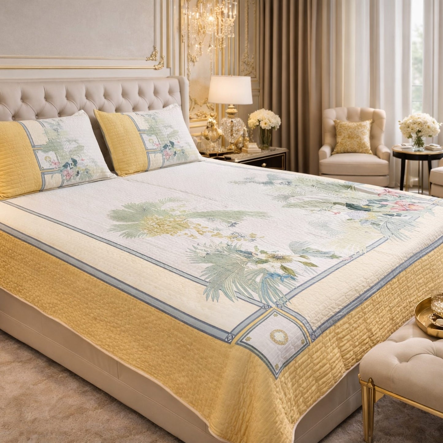 Elegant Yellow Floral Digital Bedcover