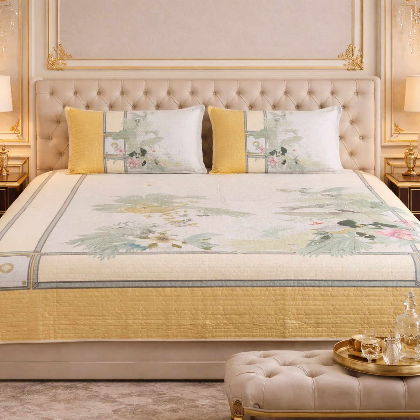 Elegant Yellow Floral Digital Bedcover