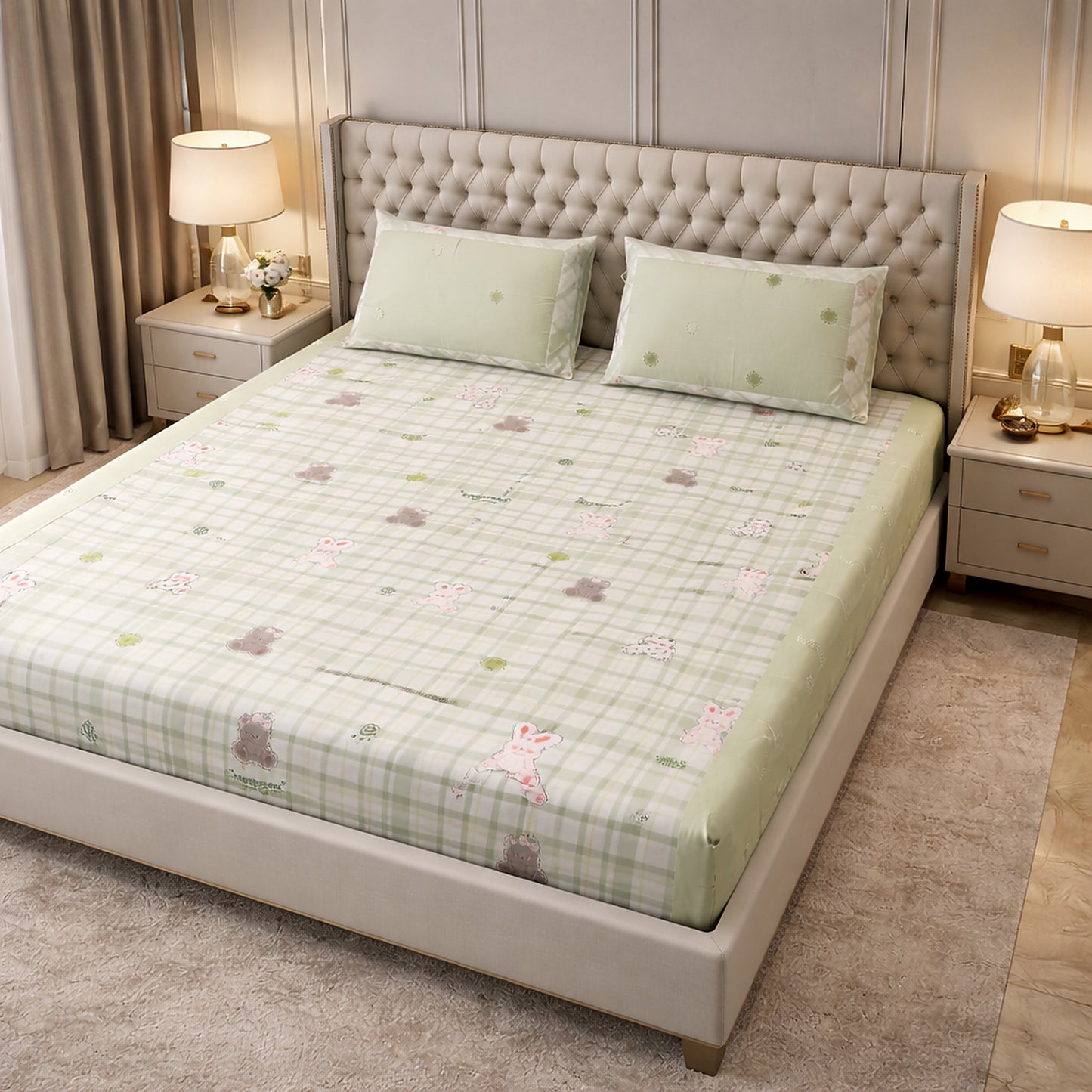 Green Teddy Bear Print Cotton Kids Bedsheet