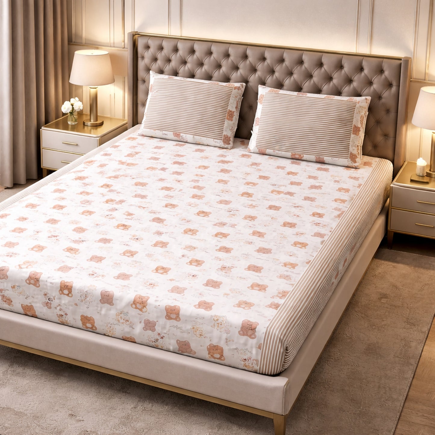 Cozy Cotton Brown Colour Teddy Bear Print Bedsheet