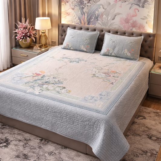 Grey Peach Frame Design Floral Digital Bedcover