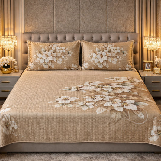 Elegant Beige Floral Digital Bedcover