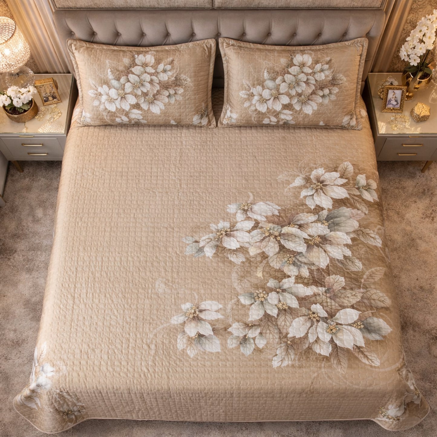 Elegant Beige Floral Digital Bedcover