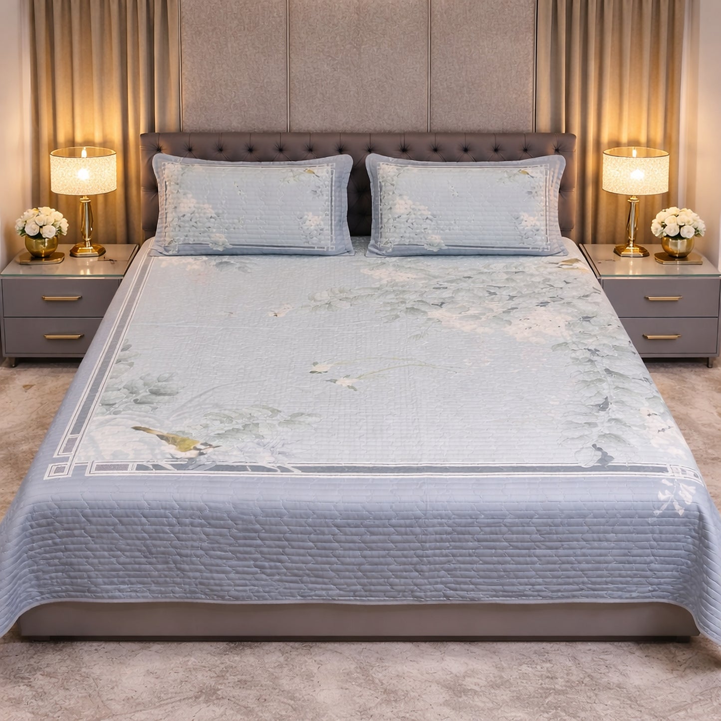 Grey Colour Floral Exclusive Digital Bedcover