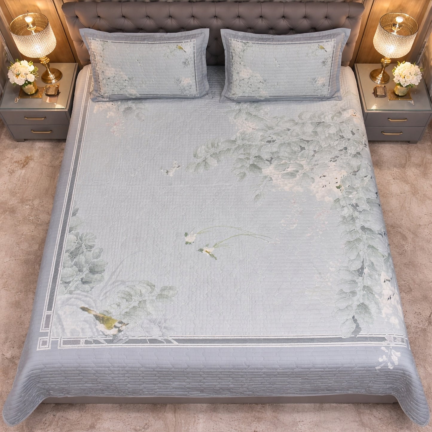 Grey Colour Floral Exclusive Digital Bedcover