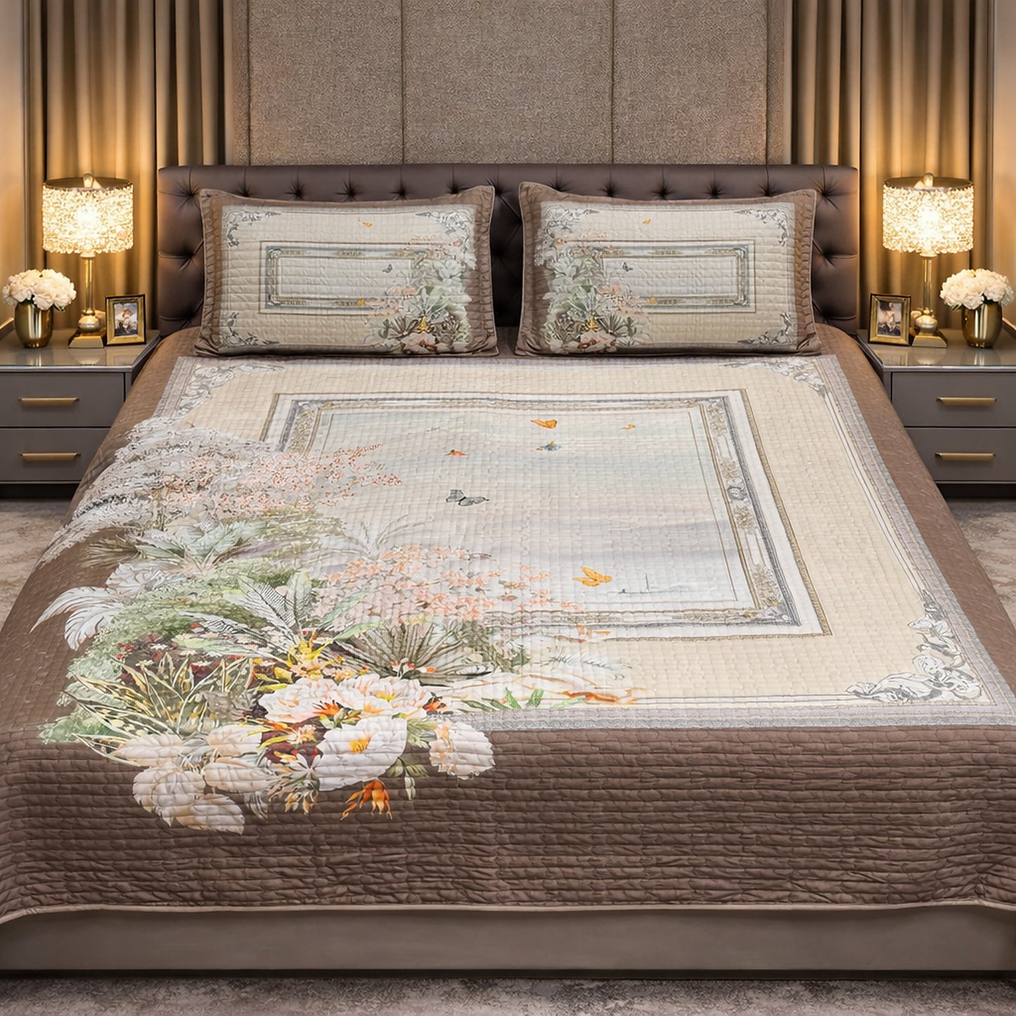Grey Floral Premium Microfiber Bedcover