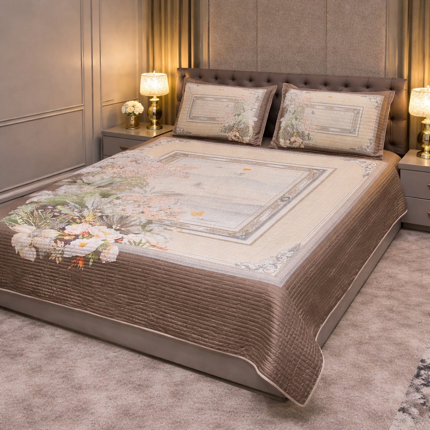 Grey Floral Premium Microfiber Bedcover
