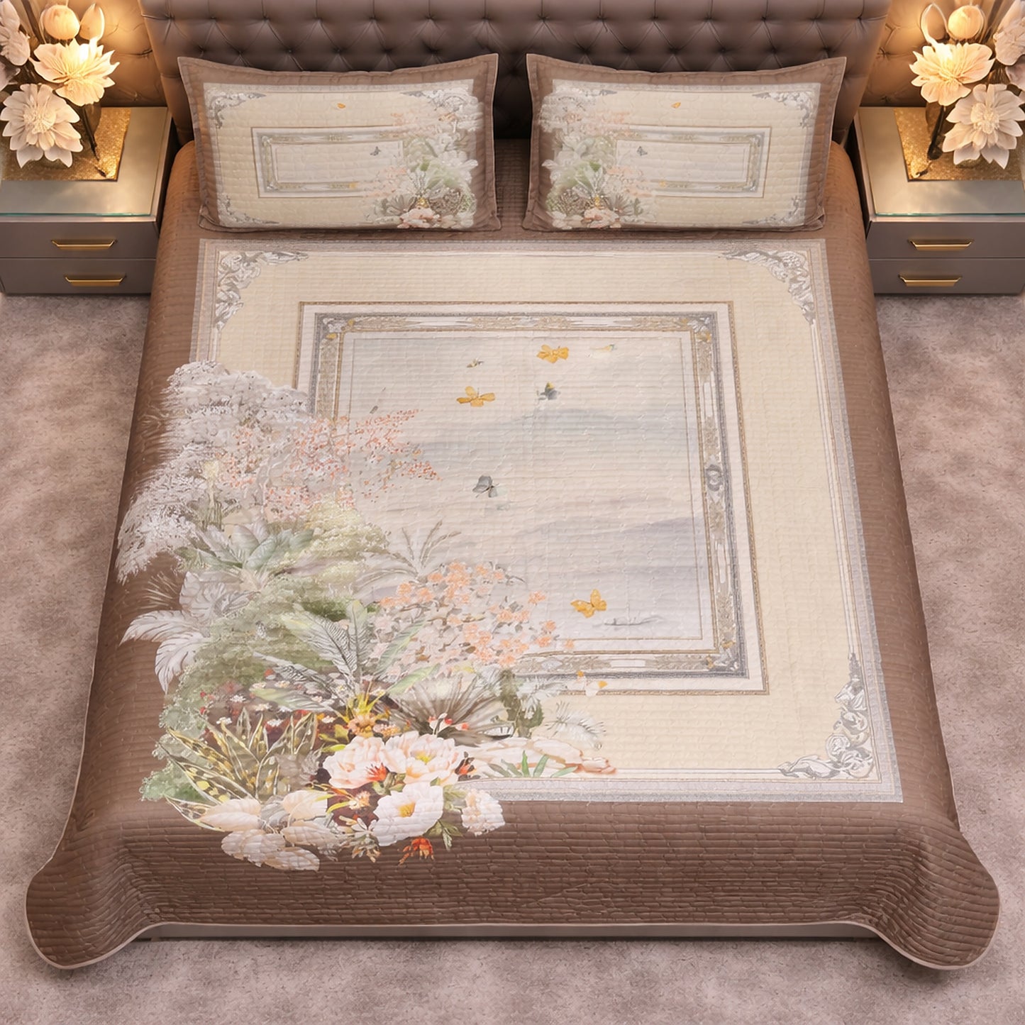 Grey Floral Premium Microfiber Bedcover