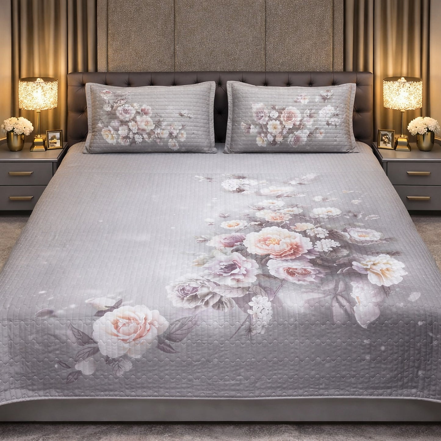 Elegant Exclusive Floral Digital Grey Bedcover