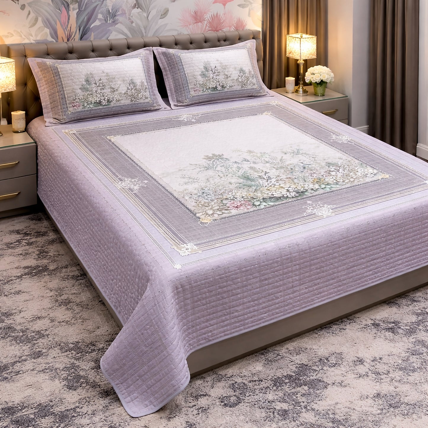 Elegant Sober Purple Frame Design Digital Bedcover