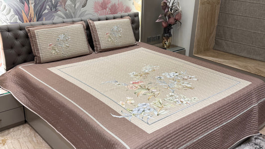 Brown Colour Floral Print Digital Bedcover