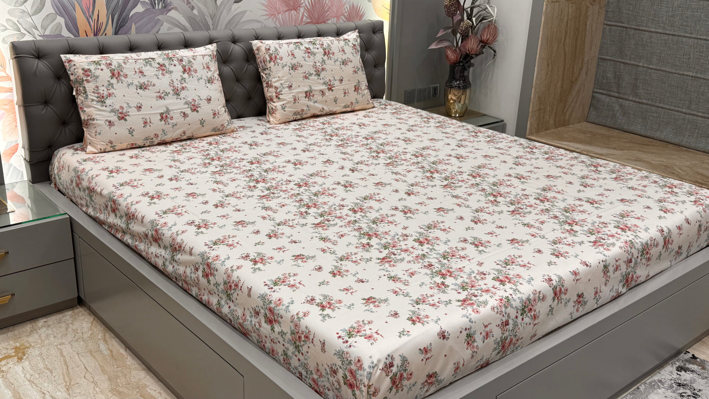 Cream Floral Pure Cotton King Size Bedsheet Set