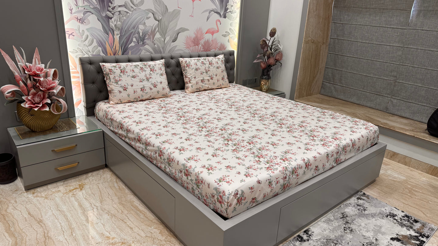 Cream Floral Pure Cotton King Size Bedsheet Set