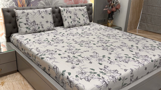 Cream Floral Cotton King Size Bedsheet Set
