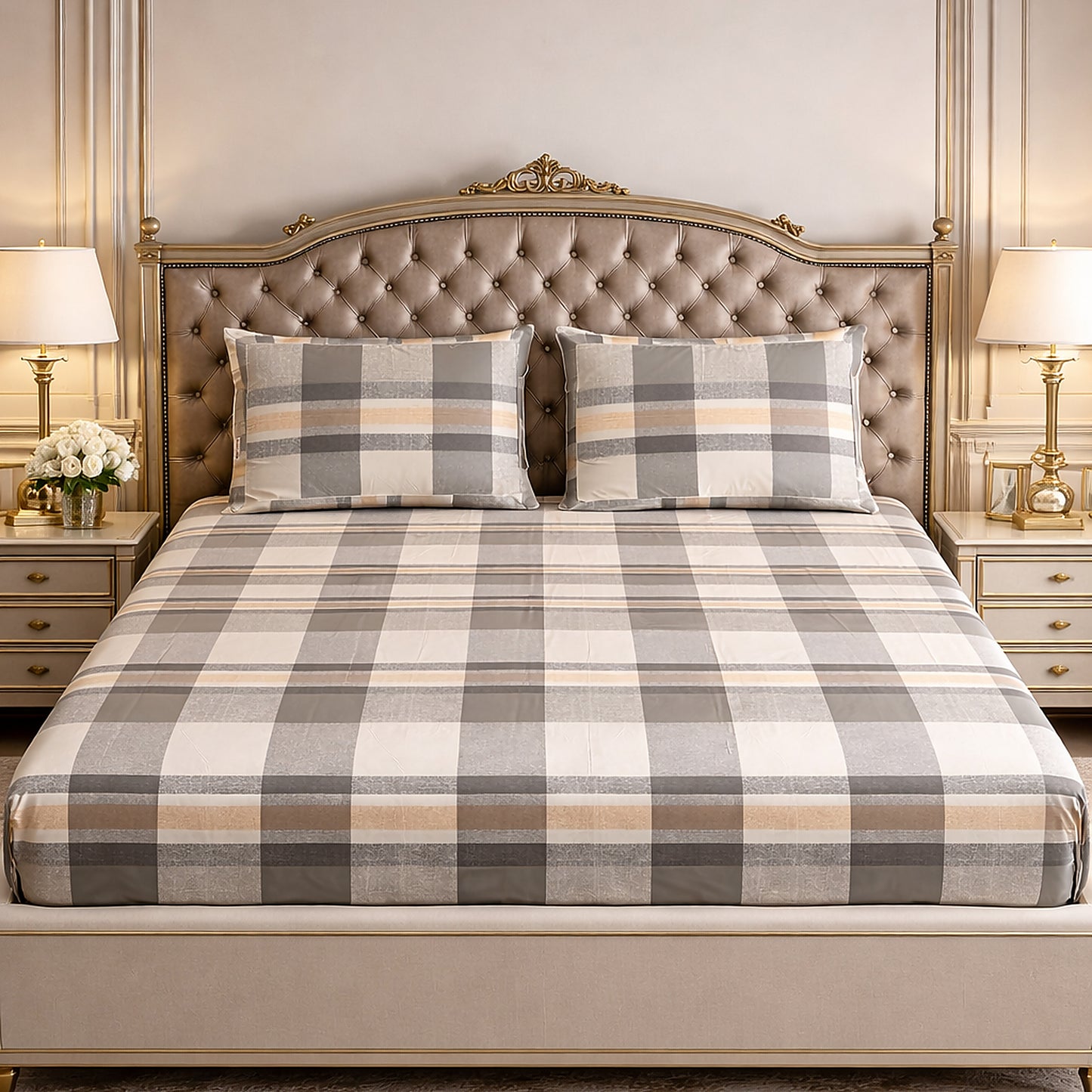 Imported Pure Cotton Satin Checks Bedsheet King Size Brown Colour