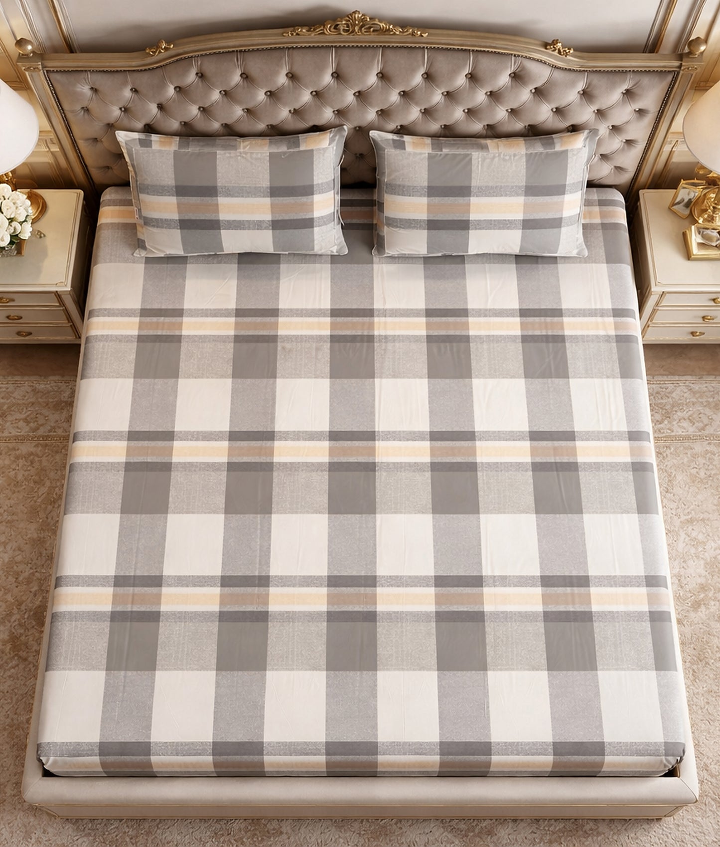 Imported Pure Cotton Satin Checks Bedsheet King Size Brown Colour