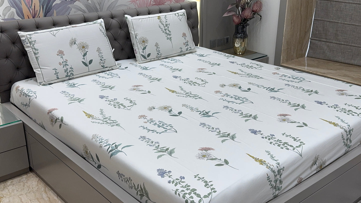 White Floral Colour Kingsize Printed Bedsheet