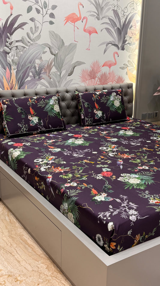 Purple Floral Cotton King Size Bedsheet Set