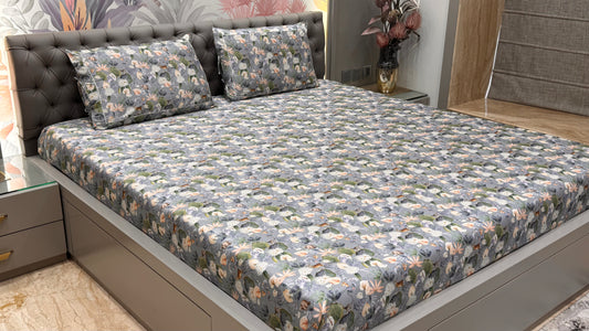 Green Floral Cotton King Size Bedsheet Set